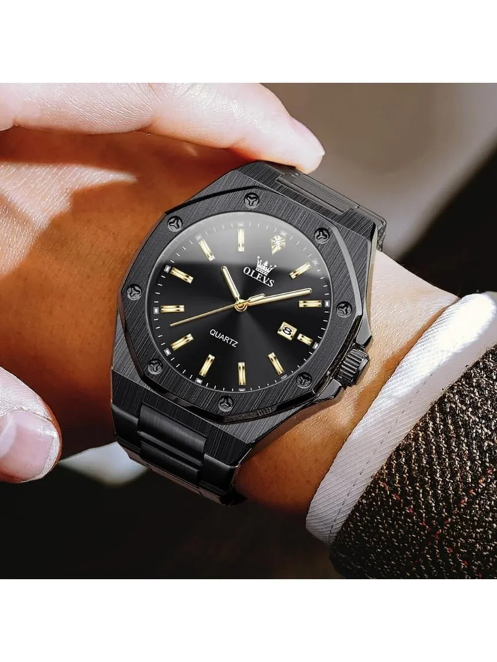 Mens Black Luxury Stainless Steel Octagon Analog Quartz Classic Waterproof Watch